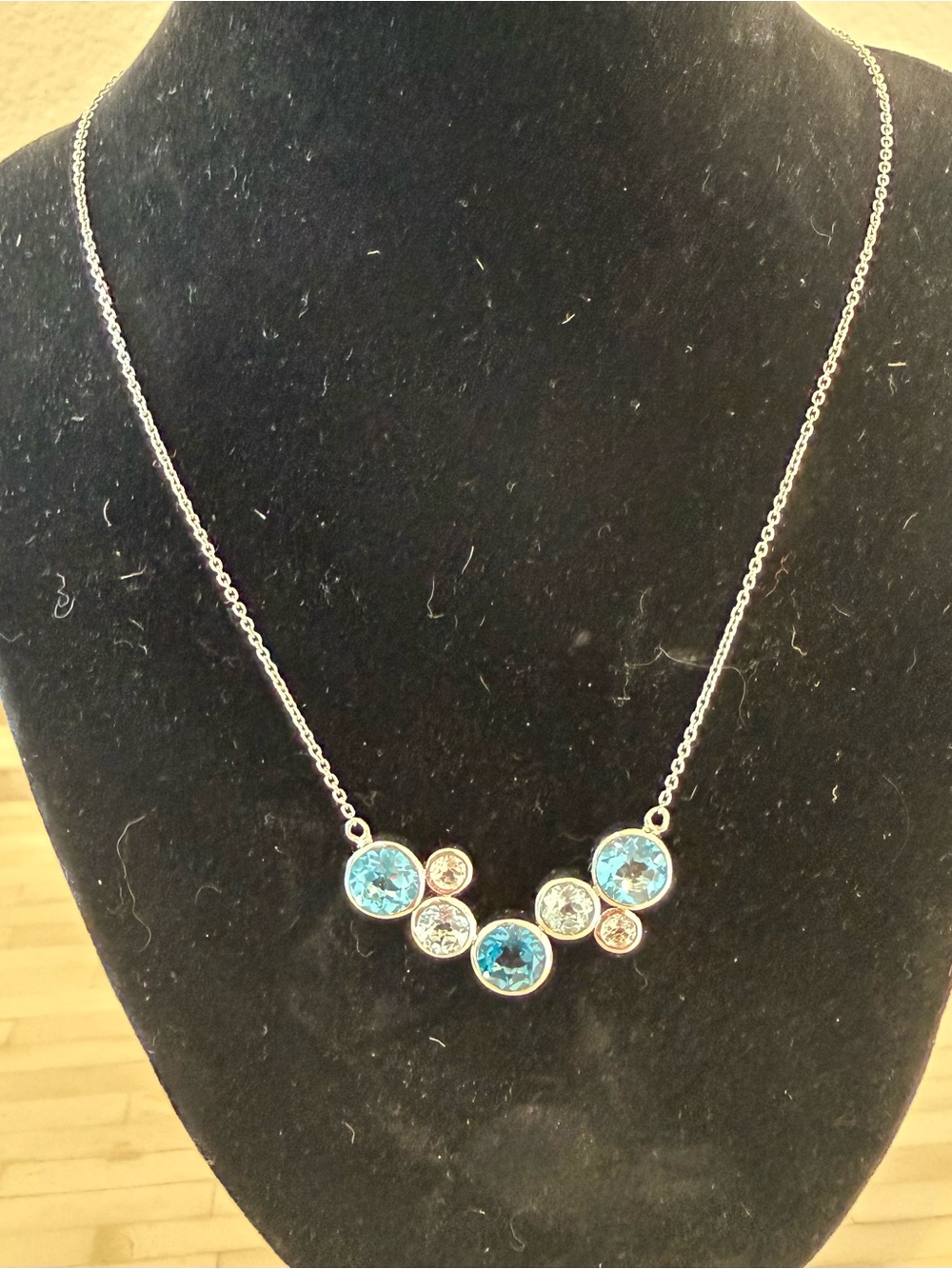 Silver Necklace with Blue  and Clear Crystal Accents.  Made in Italy stamp.